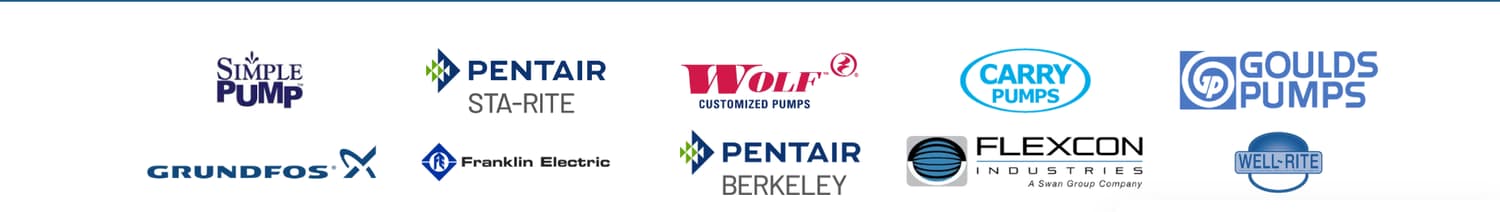 Simple Pump, Pentair Sta-Rite, Wolf Customized Pumps, Carry Pumps, Goulds Pumps, Grundfos, Franklin Electric, Pentair Berkeley, Flexcon Industries, and Well-Rite